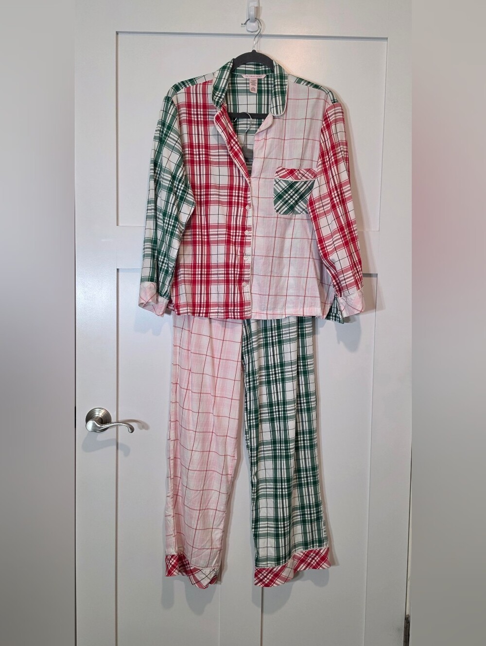 Victoria's Secret Plaid Patchwork Brushed Flannel 2 Pc Pajama Set Cotton Modal L